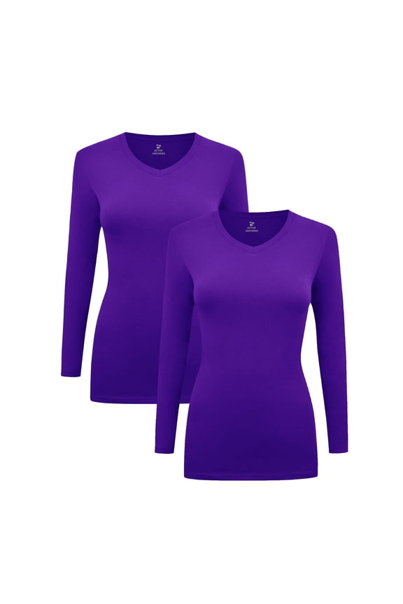 Women's Under Scrubs Long Sleeve T-Shirt Comfort V-Neck Medical Underscrub Tee -Super Soft and Stretchy - 2 Pack (Purple, Large)