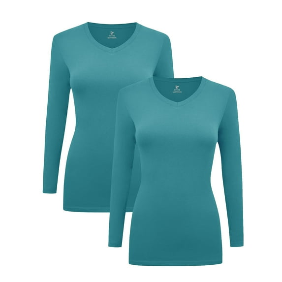 Women's Under Scrubs Long Sleeve T-Shirt Comfort V-Neck Medical Underscrub Tee -Super Soft and Stretchy - 2 Pack (Teal, Medium)