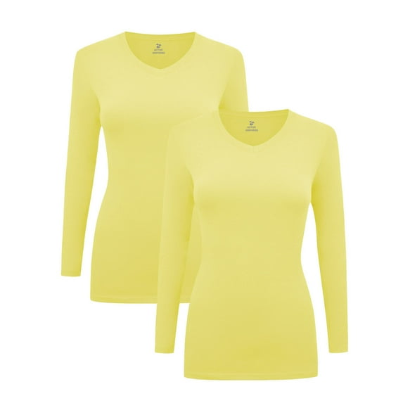 Women's Under Scrubs Long Sleeve T-Shirt Comfort V-Neck Medical Underscrub Tee -Super Soft and Stretchy - 2 Pack (Yellow, 3X-Large)