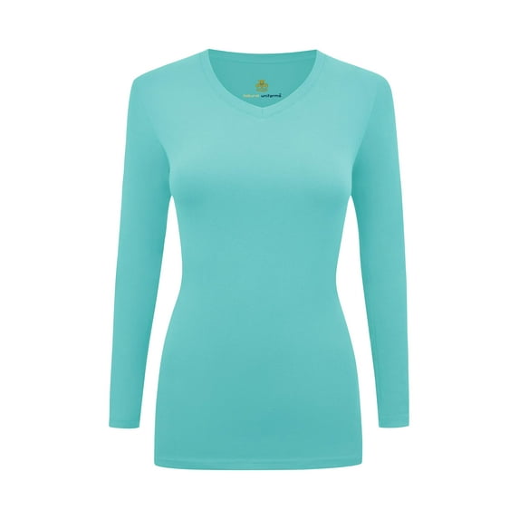 Women's Under Scrubs Long Sleeve T-Shirt Comfort V-Neck Medical Underscrub Tee -Super Soft and Stretchy (Aqua Blue, Medium)