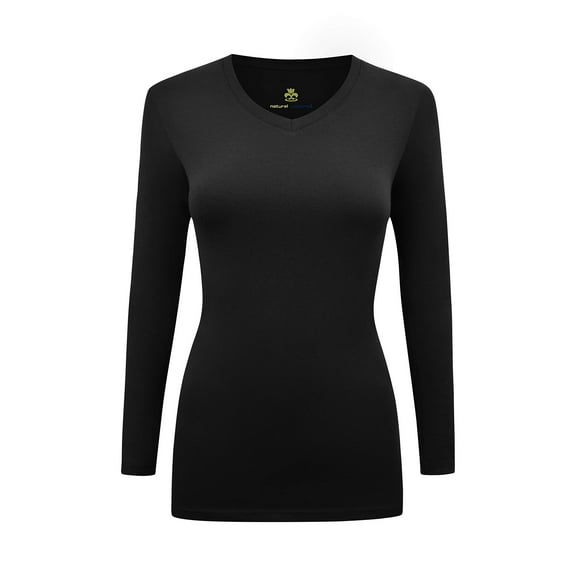 Women's Under Scrubs Long Sleeve T-Shirt Comfort V-Neck Medical Underscrub Tee -Super Soft and Stretchy (Black, Small)