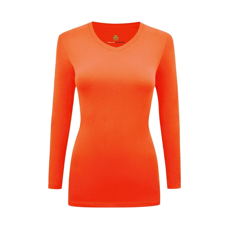Women's Under Scrubs Long Sleeve T-Shirt Comfort V-Neck Medical Underscrub  Tee -Super Soft and Stretchy (Orange, X-Large)