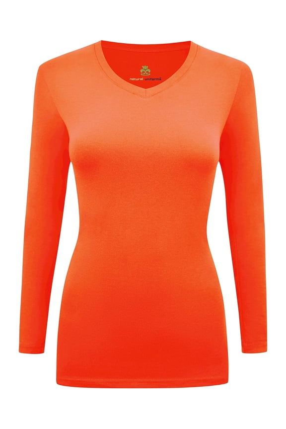 Women's Under Scrubs Long Sleeve T-Shirt Comfort V-Neck Medical Underscrub Tee -Super Soft and Stretchy (Orange, XX-Small)