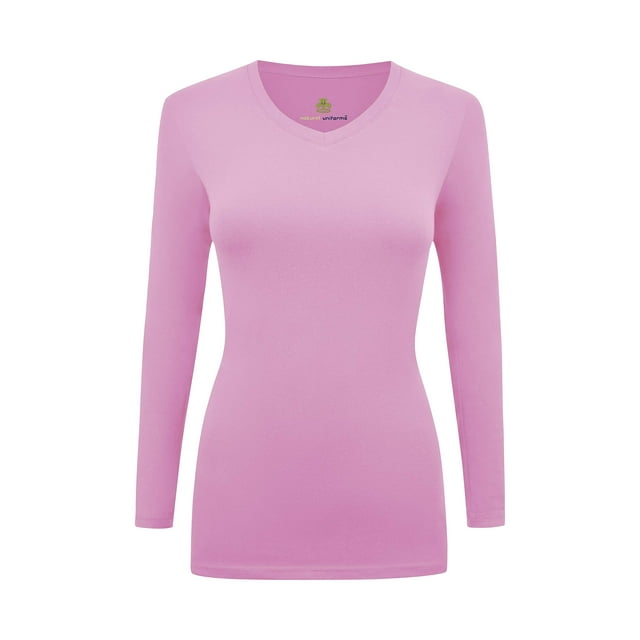 Women's Under Scrubs Long Sleeve T-Shirt Comfort V-Neck Medical Underscrub Tee -Super Soft and Stretchy (Pink, 3X-Large)
