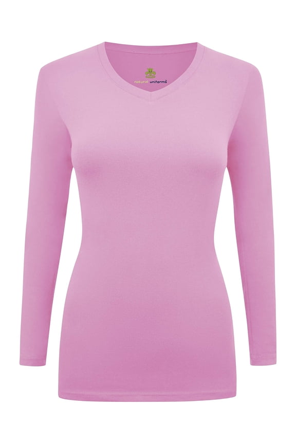 Women's Under Scrubs Long Sleeve T-Shirt Comfort V-Neck Medical Underscrub Tee -Super Soft and Stretchy (Pink, XX-Large)