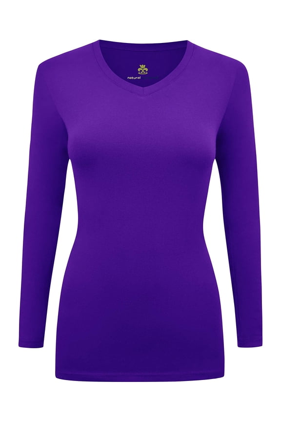Women's Under Scrubs Long Sleeve T-Shirt Comfort V-Neck Medical Underscrub Tee -Super Soft and Stretchy (Purple, Small)