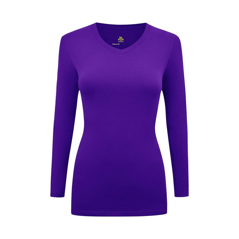 Women's Under Scrubs Long Sleeve T-Shirt Comfort V-Neck Medical Underscrub  Tee -Super Soft and Stretchy (Purple, XX-Small)