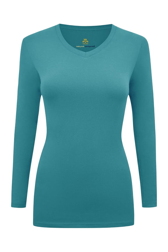 Women's Under Scrubs Long Sleeve T-Shirt Comfort V-Neck Medical Underscrub Tee -Super Soft and Stretchy (Teal, Small)