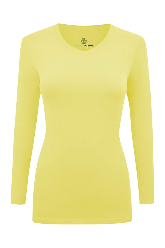 Women's Under Scrubs Long Sleeve T-Shirt Comfort V-Neck Medical Underscrub Tee -Super Soft and Stretchy (Yellow, X-Small)