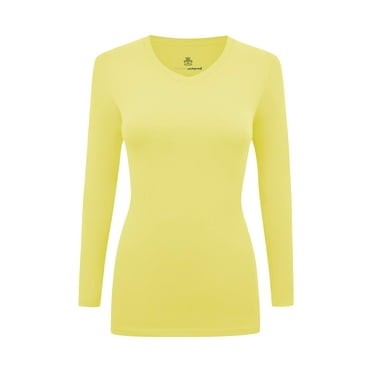 Women's Under Scrubs Long Sleeve T-Shirt Comfort V-Neck Medical Underscrub Tee -Super Soft and Stretchy (Yellow, XX-Small)