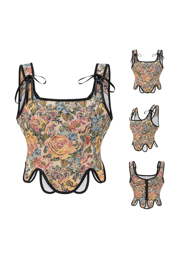 Women's Underbust Corset Renaissance Floral Embroidery Straps Overbust Shapewear Top Black 2XL