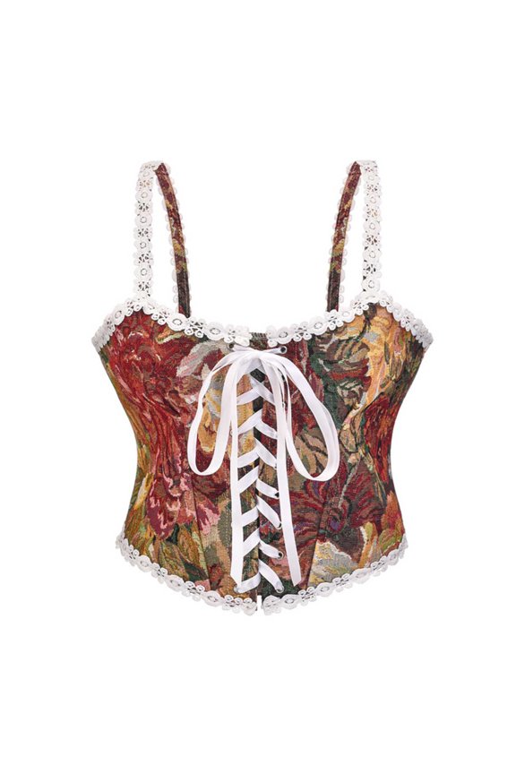 Women's Underbust Renaissance Corset Top with Straps Lace Up Floral Patterns Body Suit Shapewear Khaki 2XL