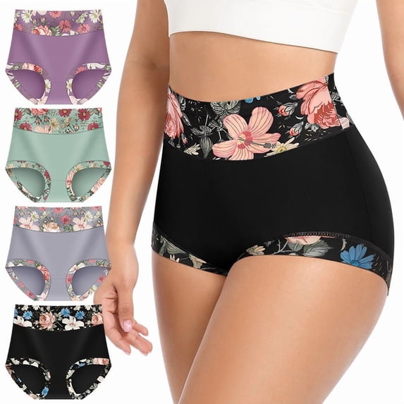 Women's Underwear Mid Waisted Panties Breathable Full Coverage Printed Comfortable ladies Floral 4 Pack