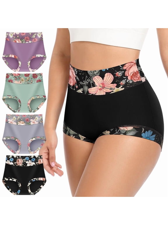 Women's Underwear Mid Waisted Panties Breathable Full Coverage Printed Comfortable ladies Floral 4 Pack