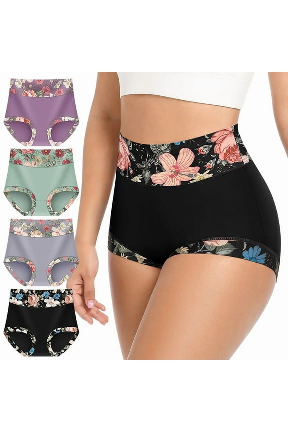 Women's Underwear Mid Waisted Panties Breathable Full Coverage Printed Comfortable ladies Floral 4 Pack