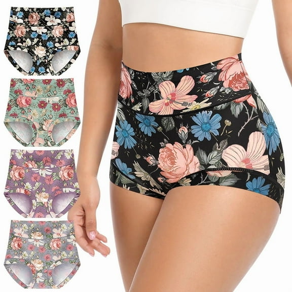 Women's Underwear Mid Waisted Panties Breathable Full Coverage Printed Comfortable ladies Floral 4 Pack