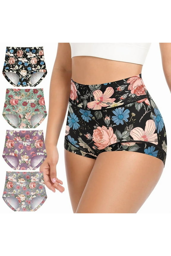 Women's Underwear Mid Waisted Panties Breathable Full Coverage Printed Comfortable ladies Floral 4 Pack