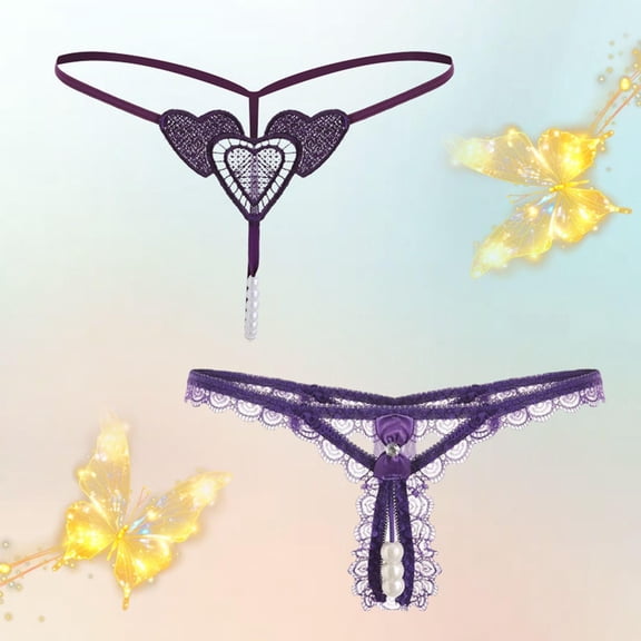 Women's Underwear Seamless 2 PC Women’s Lace Panties,Y-Back Thongs G-String with Pearls Ball for Valentine's Day Casual Multicolor One Size