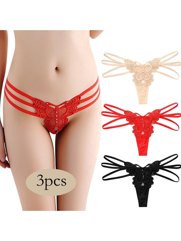 Women's Underwear ZDNIXIAN Womens Low Waist Lace Thong Briefs Bow Detail 3 Pack