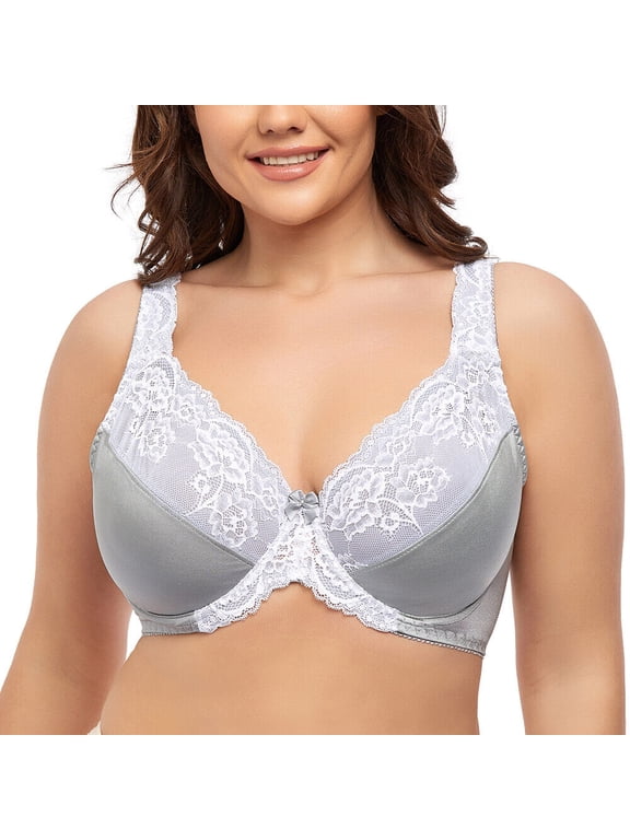 Women's Underwire Lace Unlined Everyday Bra Minimizer Full Coverage Plus Size 32DD
