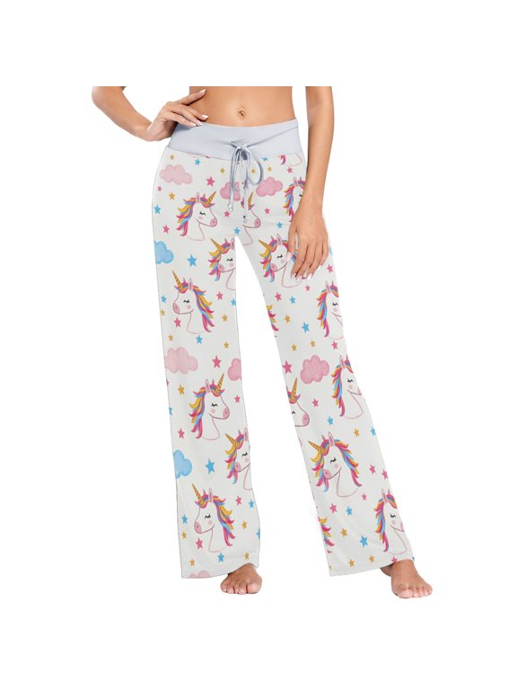 Women's Unicorn Clouds Stars Comfy Stretch Wide Leg Pajama Pants, Drawstring Waist Casual Lounge Pants