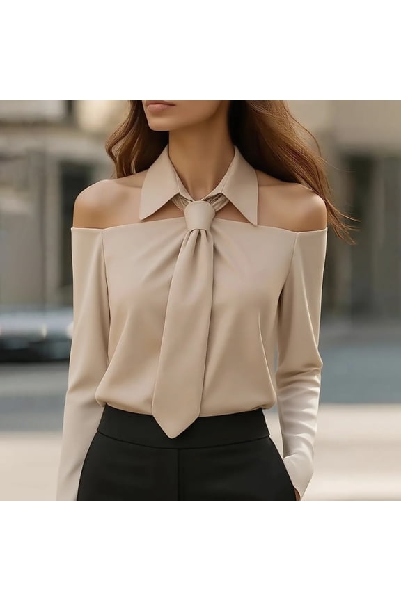 Women's Unique Collar Tie Blouse, Off Shoulder Elegant Long Sleeve Lapel Shirt, Solid Color Business Casual Top, Fashion Open Neckline Work Shirt Khaki M