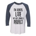 thumbnail image 1 of Women's Unisex Always Late But God Is On Time Baseball Tee-Indigo/Heather White-large, 1 of 4