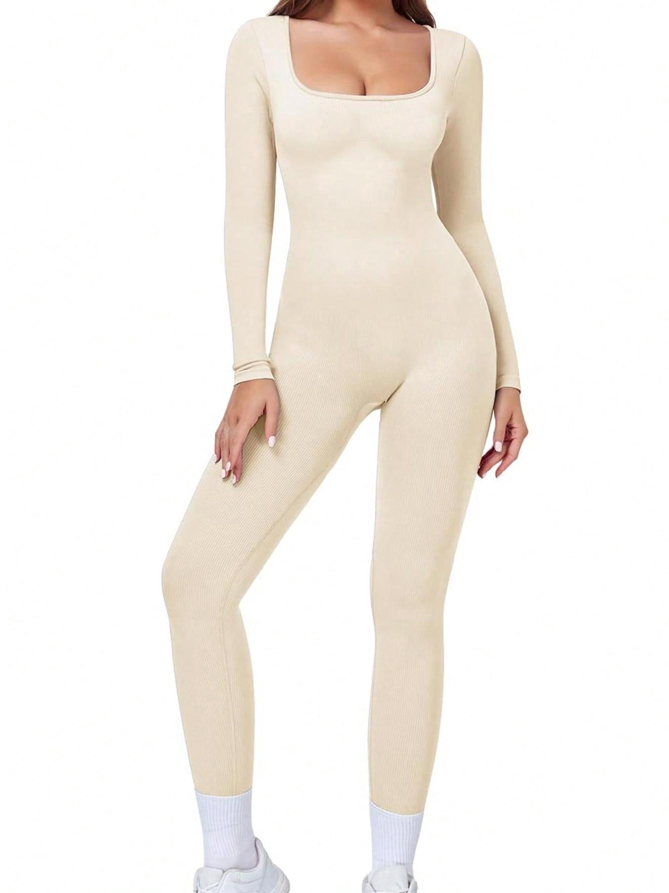 Women's Unitards Sport Solid Color Seamless Long Sleeve Square Neck ...