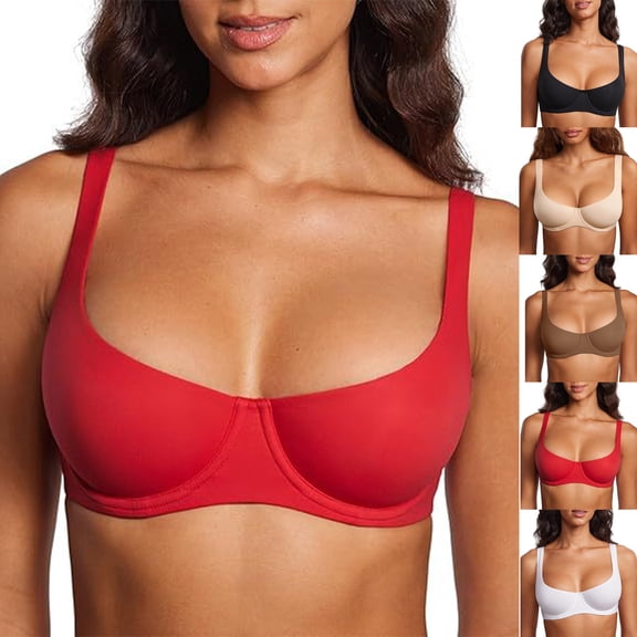 Women's Unlined Balconette Bra Underwire Supportive Plus Size Smooth Scoop Neck,Red,40B