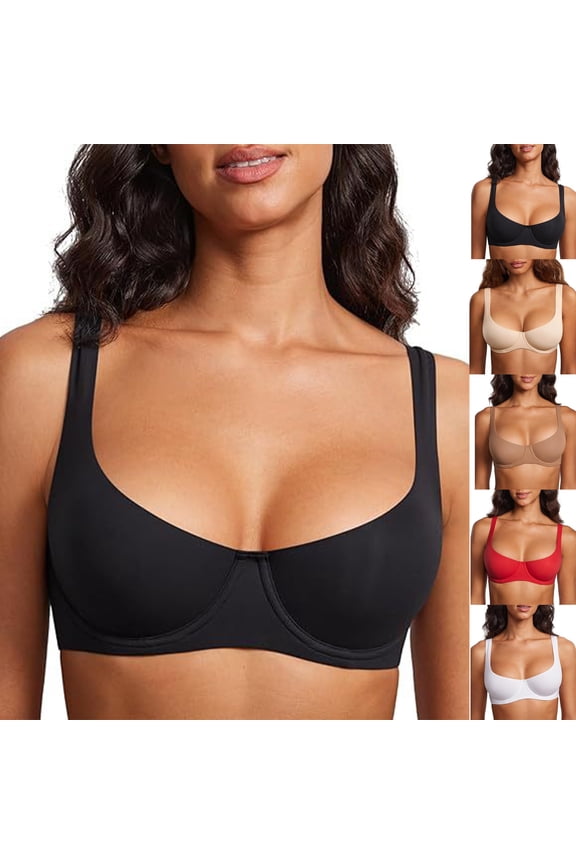 Women's Unlined Balconette Bra Underwire Supportive Plus Size Smooth Scoop Neck Underwire Black 42F