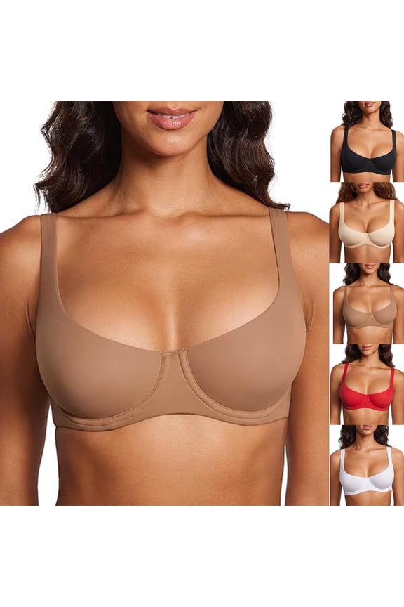 Women's Unlined Balconette Bra Underwire Supportive Plus Size Smooth Scoop Neck Underwire Coffee 36D