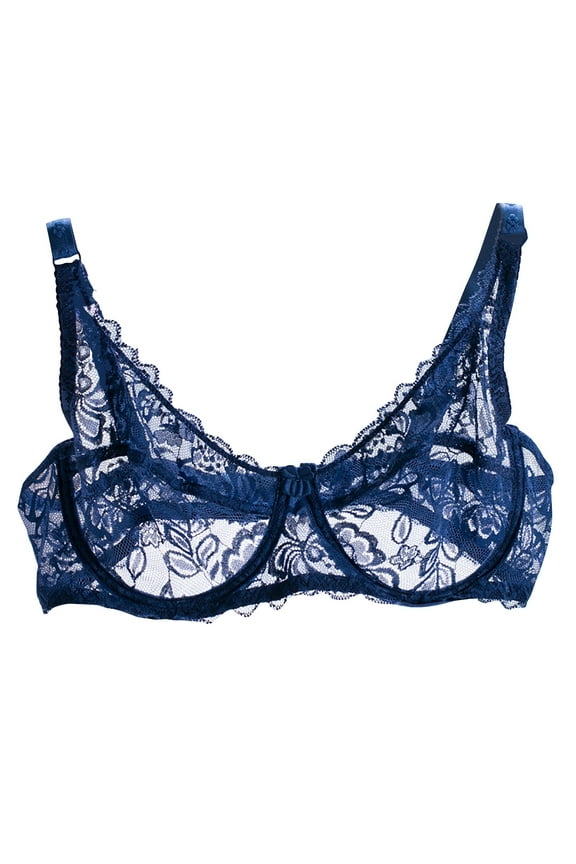 Women's Unlined Lace Bra Push Up Sexy Sheer Mesh Lace Balconette Lightweight See Through Underwire Bras