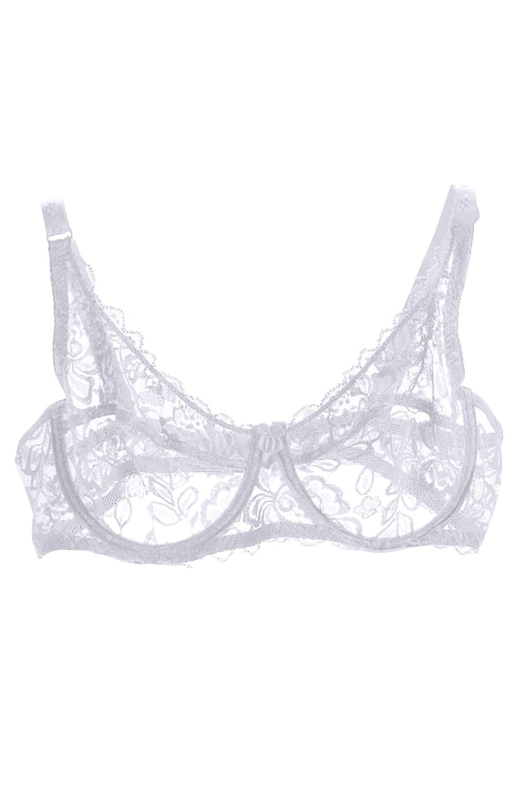 Women's Unlined Lace Bra Push Up Sexy Sheer Mesh Lace Balconette Lightweight See Through Underwire Bras
