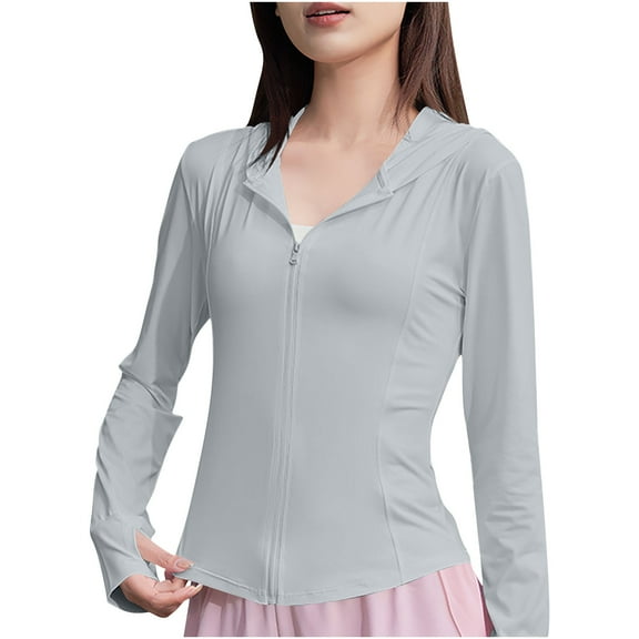 Women's Upf 50  Sun Protection Hoodie Jacket Front Zipper Long Sleeve T-Shirts with Thumb Holes Quick Dry Athletic Stretch Tops Light Breathable Tee Shirts SPF Hiking Tops Outdoor