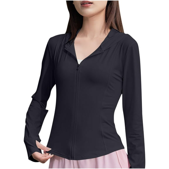 Women's Upf 50  Sun Protection Hoodie Jacket Front Zipper Long Sleeve T-Shirts with Thumb Holes Quick Dry Athletic Stretch Tops Light Breathable Tee Shirts SPF Hiking Tops Outdoor