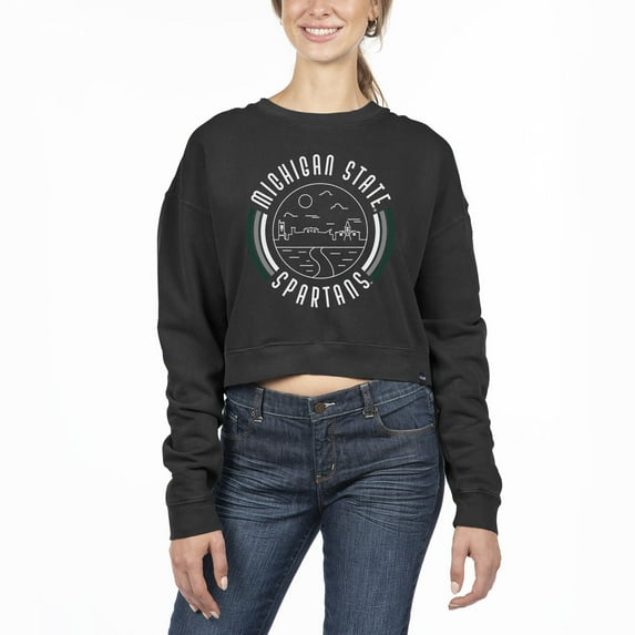 Women's Uscape Apparel Black Michigan State Spartans Pigment Dyed Fleece Crop Crewneck Sweatshirt