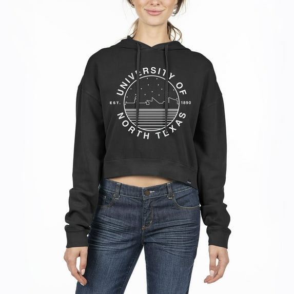 Women's Uscape Apparel Black North Texas Mean Green Pigment Dyed Fleece Cropped Pullover Hoodie