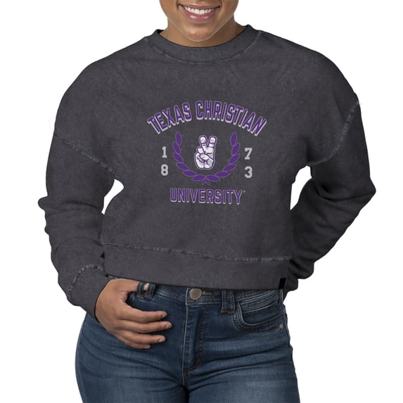 Women's Uscape Apparel Black TCU Horned Frogs Laurels Fleece Crop Pullover Sweatshirt