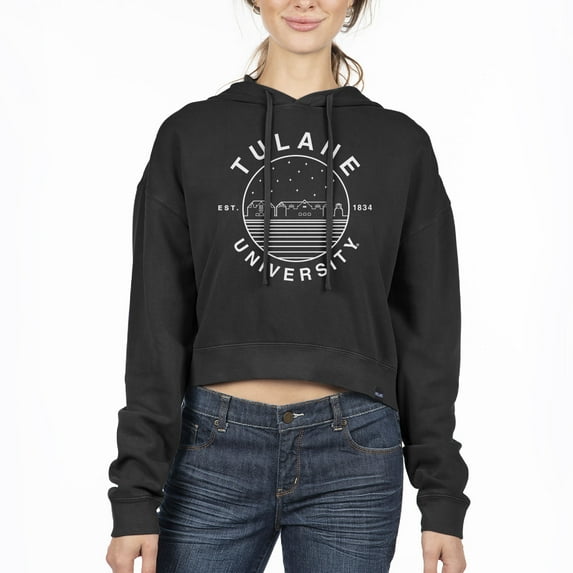Women's Uscape Apparel Black Tulane Green Wave Circle Scene Cropped Pullover Hoodie