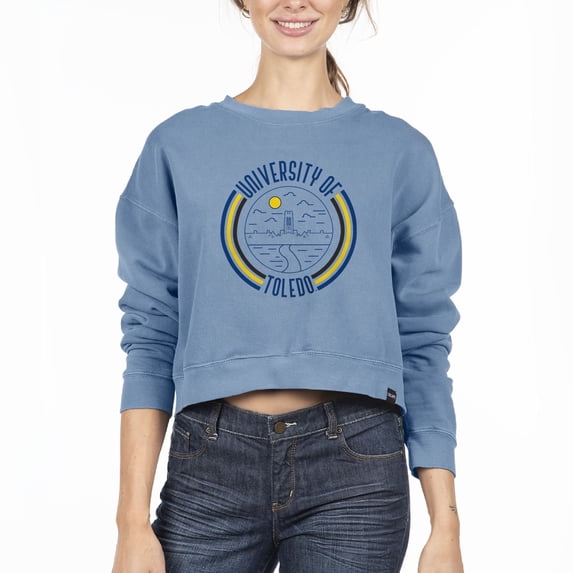 Women's Uscape Apparel Blue Toledo Rockets Circle Scene Cropped Crewneck Sweatshirt
