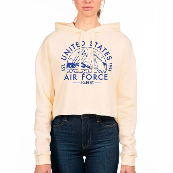 Women's Uscape Apparel Cream Air Force Falcons Circle Scene Raw Edge Cropped Pullover Hoodie