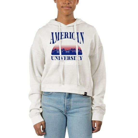 Women's Uscape Apparel Cream American University Eagles Pigment Dyed Local Skyline Fleece Cropped Pullover Hoodie