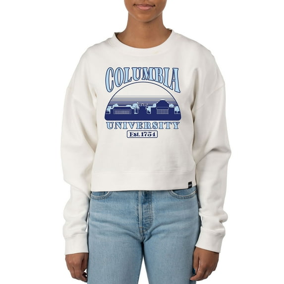 Women's Uscape Apparel Cream Columbia University Pigment Dyed Local Skyline Fleece Crop Crewneck Sweatshirt