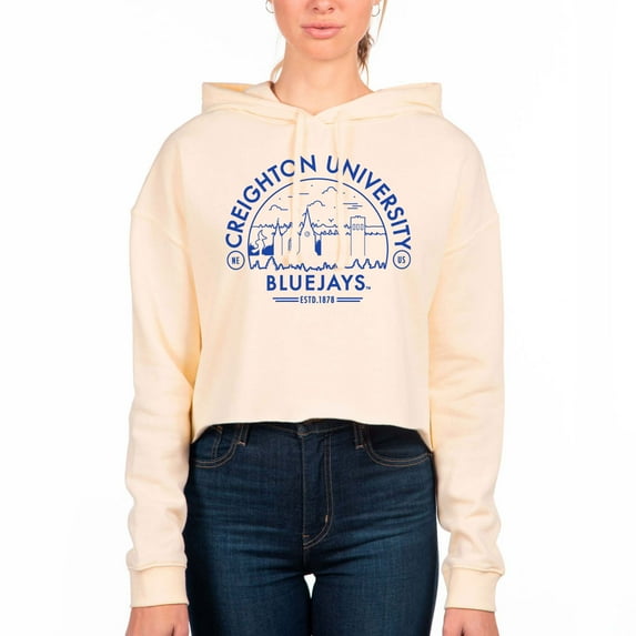 Women's Uscape Apparel Cream Creighton Bluejays Fleece Cropped Pullover Hoodie