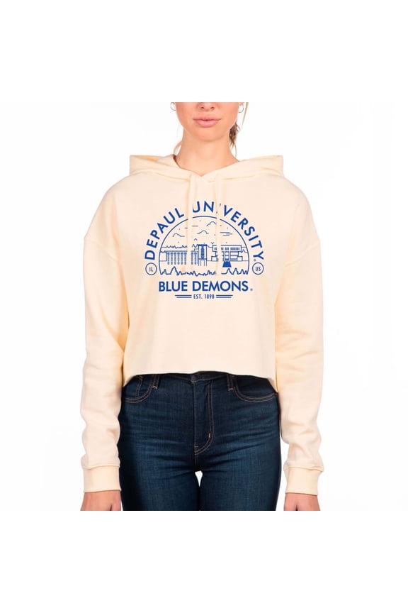 Women's Uscape Apparel Cream DePaul Blue Demons Circle Scene Raw Edge Cropped Pullover Hoodie