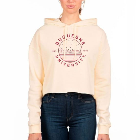 Women's Uscape Apparel Cream Duquesne Dukes Fleece Cropped Pullover Hoodie