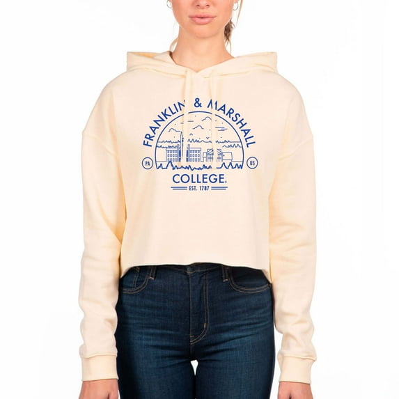 Women's Uscape Apparel Cream Franklin & Marshall Diplomats Circle Scene Raw Edge Cropped Pullover Hoodie