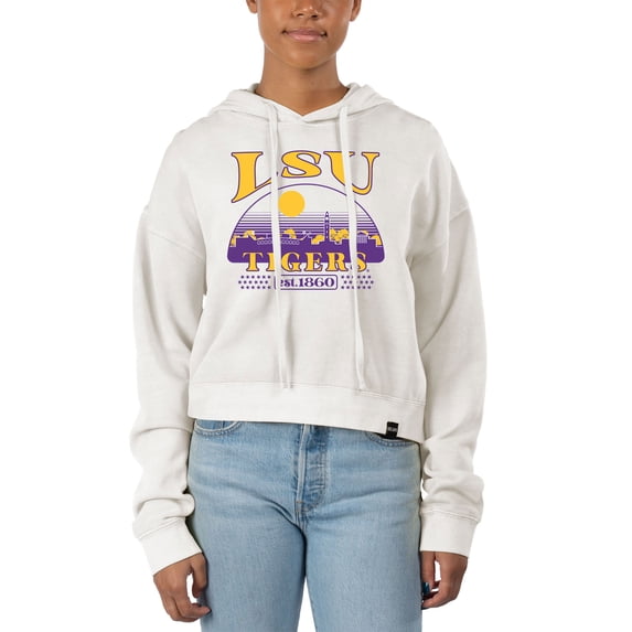 Women's Uscape Apparel Cream LSU Tigers Pigment Dyed Local Skyline Fleece Cropped Pullover Hoodie