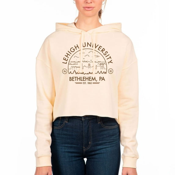 Women's Uscape Apparel Cream Lehigh Mountain Hawks Circle Scene Raw Edge Cropped Pullover Hoodie