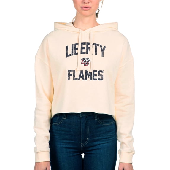 Women's Uscape Apparel Cream Liberty Flames Fleece Cropped Pullover Hoodie